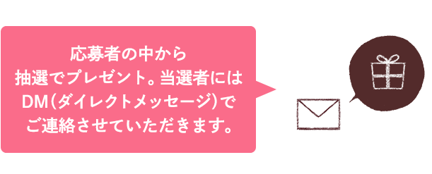 応募者の中から抽選でプレゼント。当落者にはＤＭ（ダイレクトメッセージ）でご連絡させていただきます。