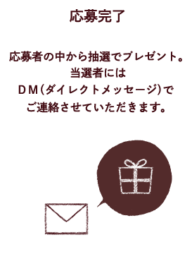 応募者の中から抽選でプレゼント。当落者にはＤＭ（ダイレクトメッセージ）でご連絡させていただきます。