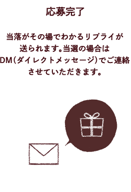 応募完了 当落がその場でわかるリプライで送られます。当選の場合はＤＭ（ダイレクトメッセージ）でご連絡させていただきます。